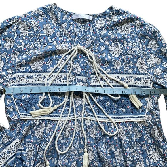 R. Vivimos blue and white floral long elastic sleeve Dress, tassel closure, Sz S - Picture 11 of 13